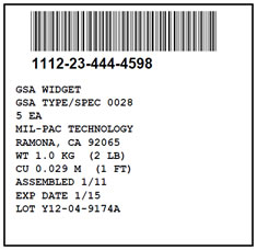 GSA Unit Container label, with barcode, IAW Fed-Std-123H